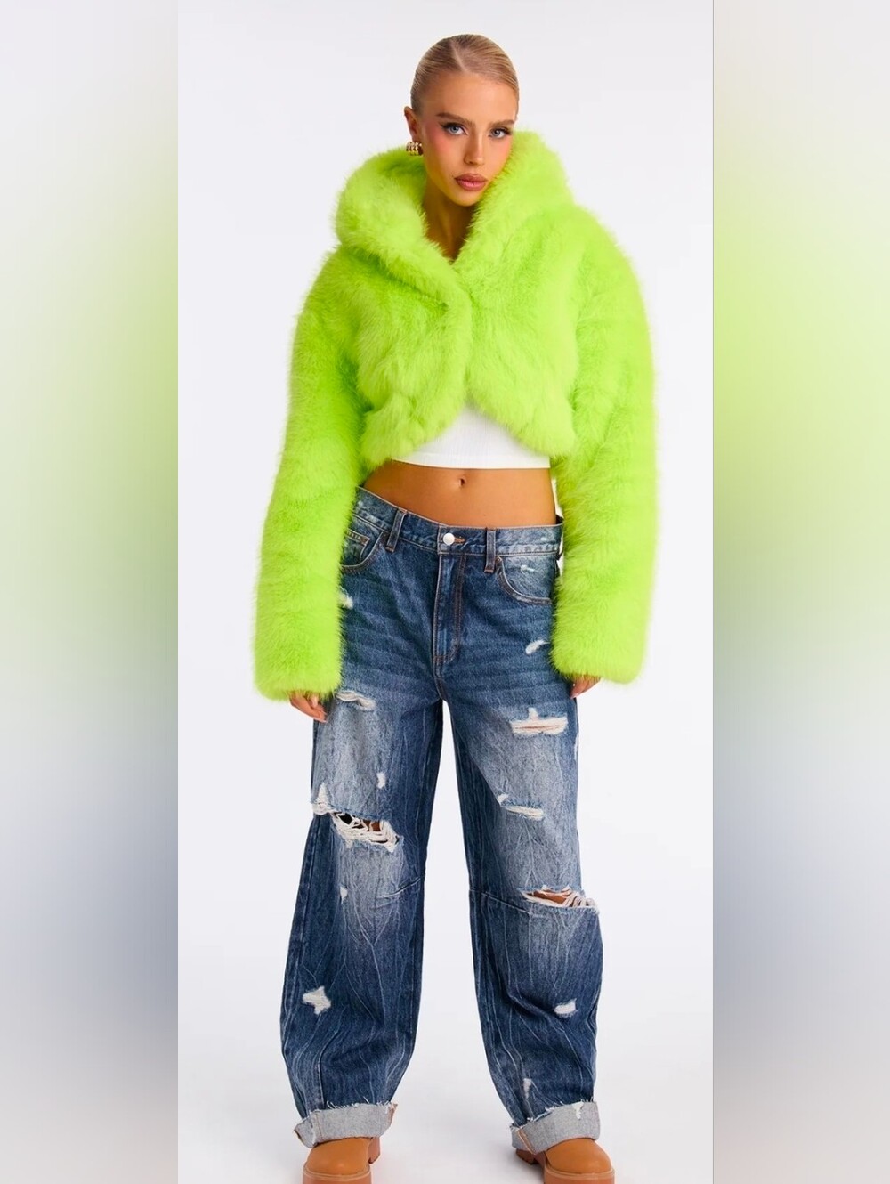 Neon Green Faux Fur Cropped Jacket Sz S